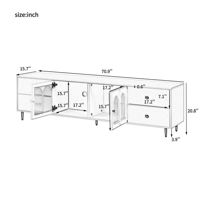 70.9" TV Stand with Glass Doors and 4 Drawers with Adjustable Legs