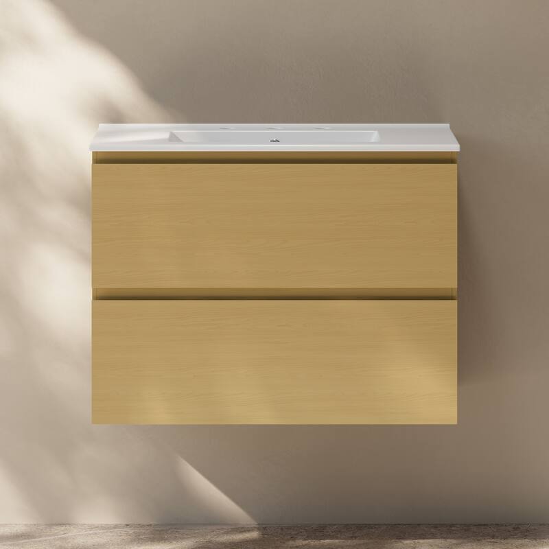 Liberte 30" Wall-Mounted Bathroom Vanity In Natural Oak With 3-Hole Widespread Sink Top - 30