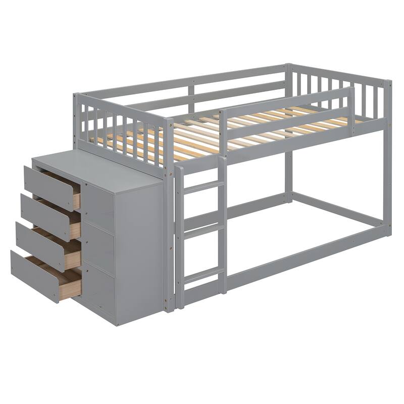 Twin Over Twin Bunk Bed with Storage, 4 Drawers, 3 Shelves, Gray Finish