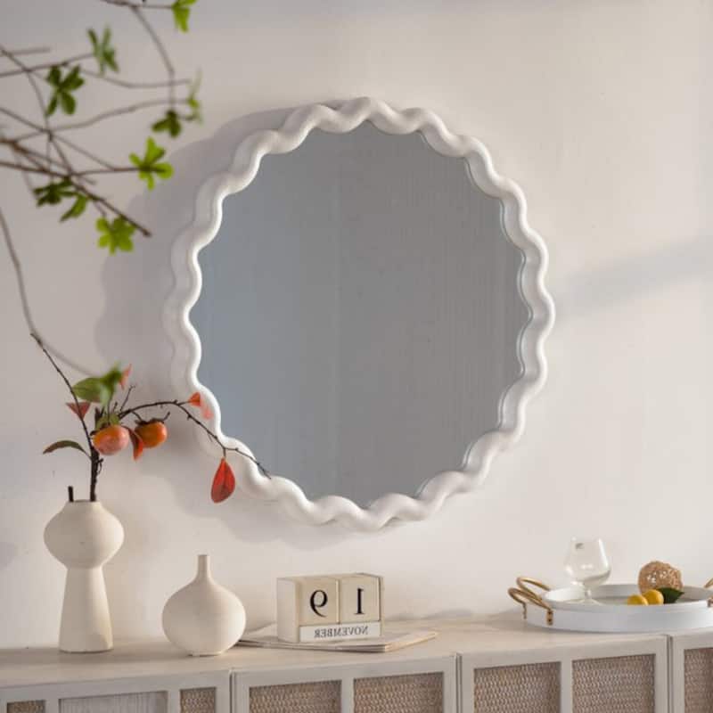 White Scalloped Round Wall Mirror - Wavy Frame Decor for Living Room, Bedroom, Bathroom - White
