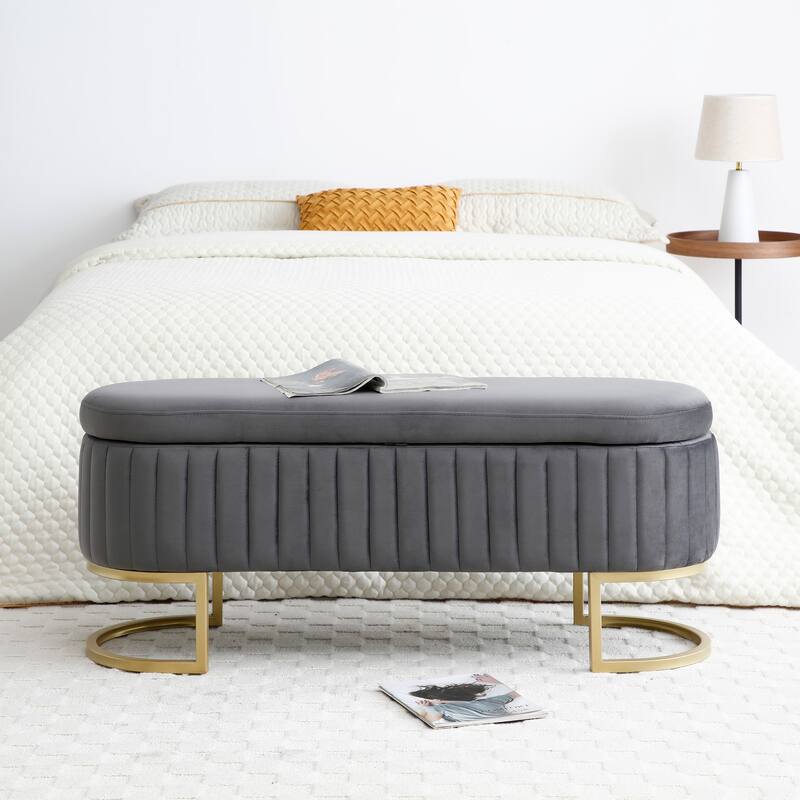Storage Bench Bedroom Bench,Velvet Oval Upholstered End of Bed Bench with Golden Metal Legs,50" Storage Ottoman Bench