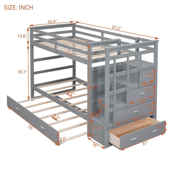 dimension image slide 1 of 3, Twin Over Twin Bunk Bed with Trundle Bed, Staircase and 4 Storage Drawers, Solid Wood Bunk Beds with Stairs and Guardrail