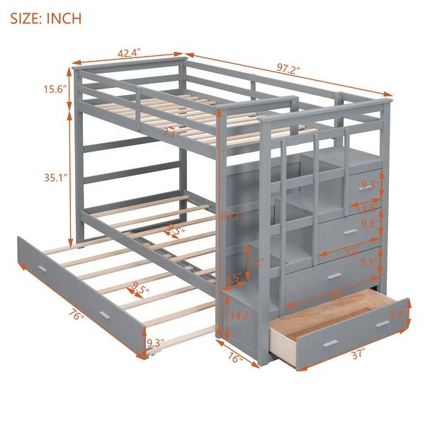 dimension image slide 1 of 3, Twin Over Twin Wooden Bunk Bed with Trundle, Staircase & Drawers