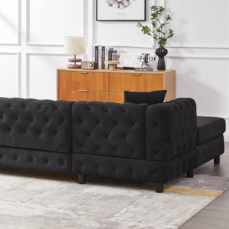 U-Shaped Chenille Sofa with Two Chaise Longue Seats and Pillows.