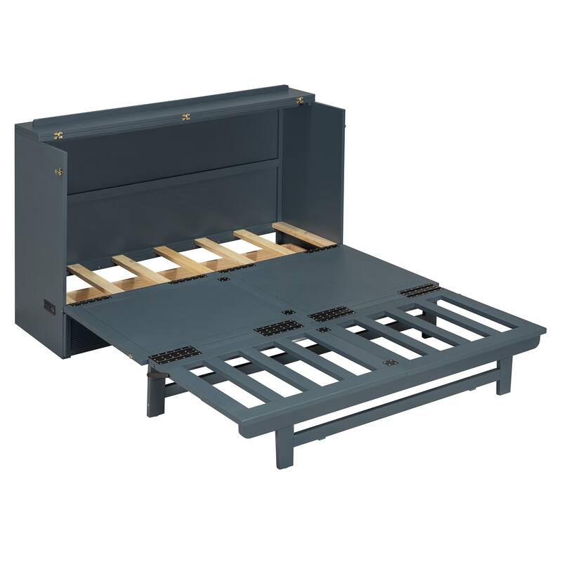 Wood Murphy Bed with Large Drawer, Murphy Cabinet with Foldable Panel, Living Room Murphy Cabinet Bed with USB Ports and Outlets