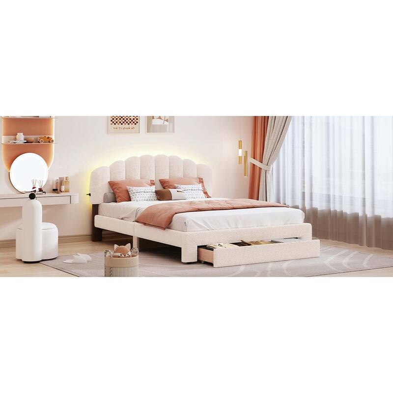 Teddy Fleece Queen Size Upholstered Platform Bed with Drawer