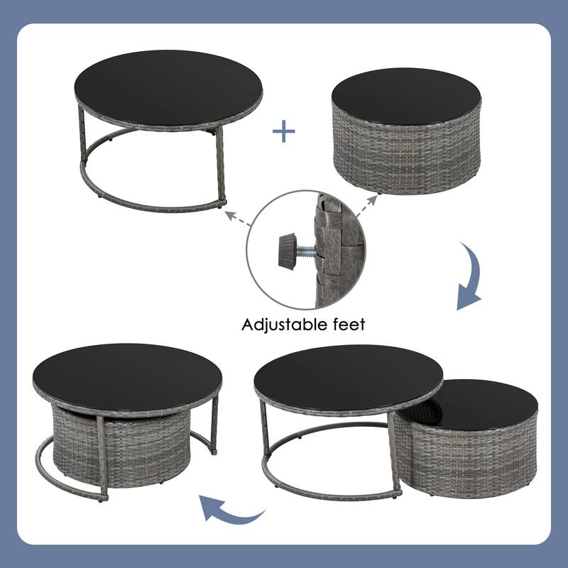 9-Piece Half-Moon Wicker Patio Sofa Set with Cushions and Two Round Coffee Tables