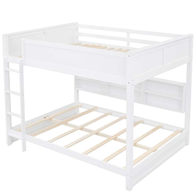White Queen over Queen Solid Wood Bunk Bed with Storage and USB