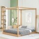 preview thumbnail 2 of 10, Queen Size Modern Floor Wood Canopy Bed Low Profile Platform Bed for Small Bedroom City Aprtment Dorm