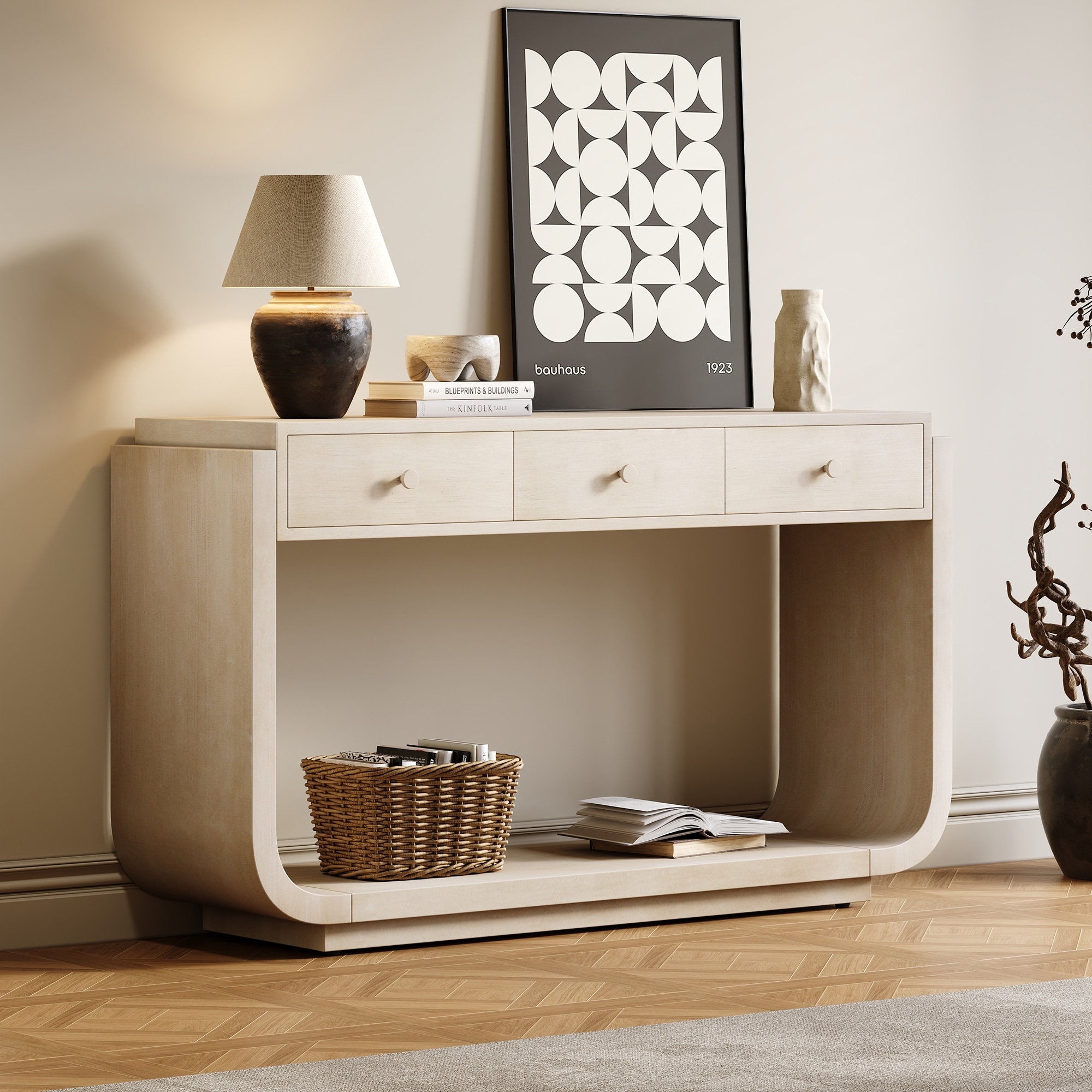 Rustic Console Table Beige Side Table with 3 Storage Drawers, Entryway Table Hallway Table with Bottom Shelf