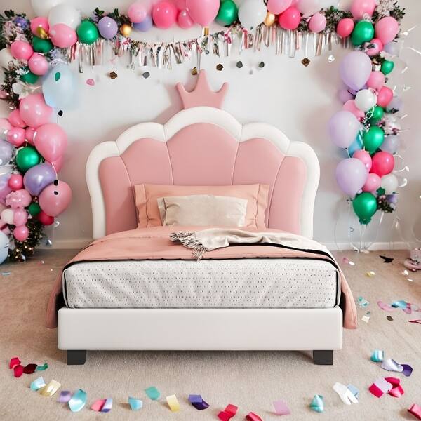 slide 2 of 7, Twin Size Crown Headboard Princess Bed, White+Pink Pink