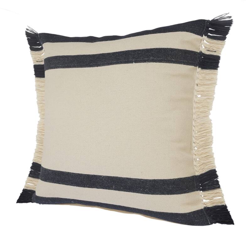 HomeRoots 26" X 26" Ensign Blue White And Linen 100% Cotton Striped Zippered Pillow