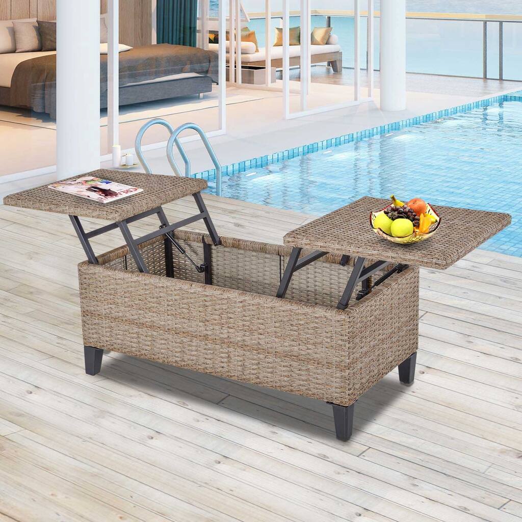 Outsunny PE Wicker Rattan Outdoor Coffee Table with Double Lift-Top Surface, Rust-Fighting Steel, & Modern Design, Brown
