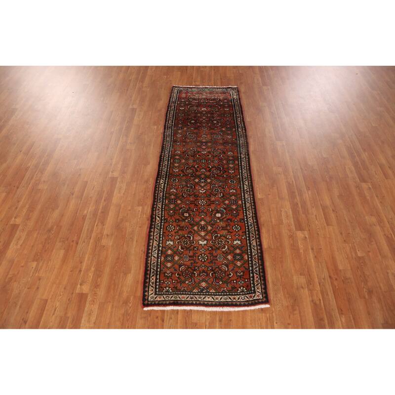 Hand Knotted Oriental 100% Wool Carpet Traditional All-Over Oranges & Rust Hamedan Runner Rug - 8' 2'' X 2' 8''