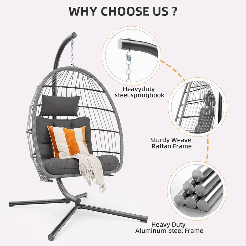 Egg Chair with Stand, Patio Swing Chair with Rattan, 350-lb Capacity, Waterproof Pad