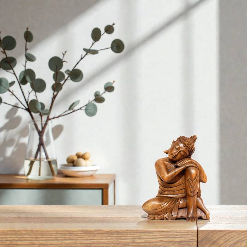 Wooden Serene Sleeping Resting Buddha Statue Hand Carved Figurine Sculpture Home Decor 
