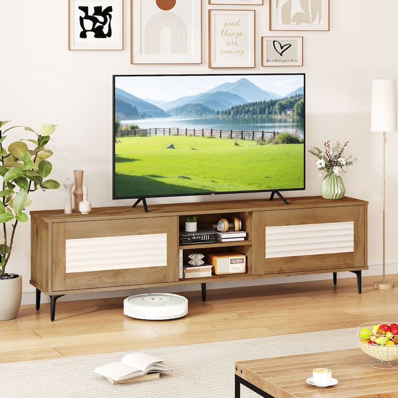 Gymax TV Stand w/2 Storage Cabinets & Open Shelves Cable Hole for TVs