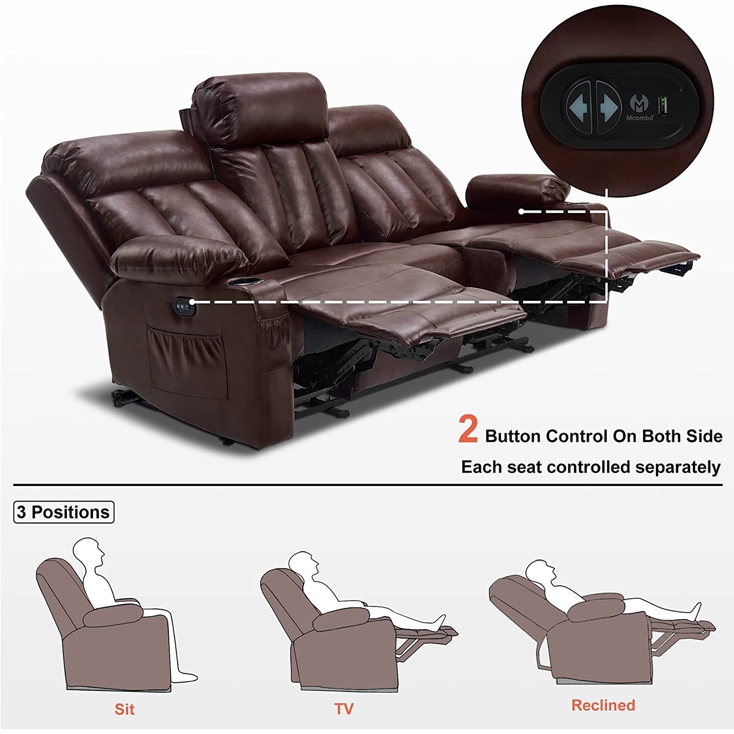 MCombo Electric Power Reclining Sofa with Heat Massage Faux