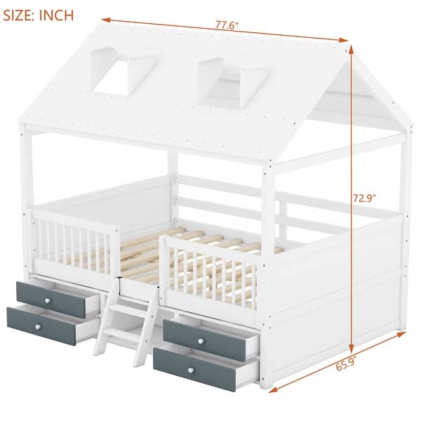 dimension image slide 1 of 3, House Bed Wood Low Loft Bed House-shape Frame Bed with 2 Roof Skylights, Kids Storage Bed with 4 Drawers, Guardrail and Stairs