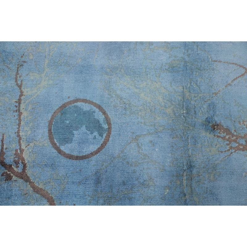 Hand Knotted Oriental Viscose Silk Carpet Modern Pictorial Navy Blue & Blues Abstract Area Rug - 7' 10'' X 5' 8''