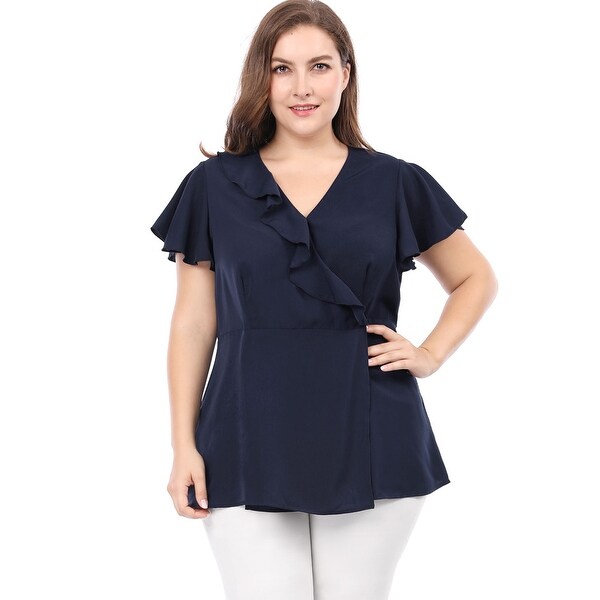 Blue Wrap Design Grid V-neck Blouses