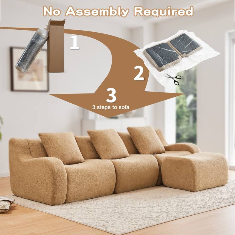 Roomfitters 3-Seat Teddy Fabric Boneless Sofa with Chaise, No Assembly 32D Sponge Couch