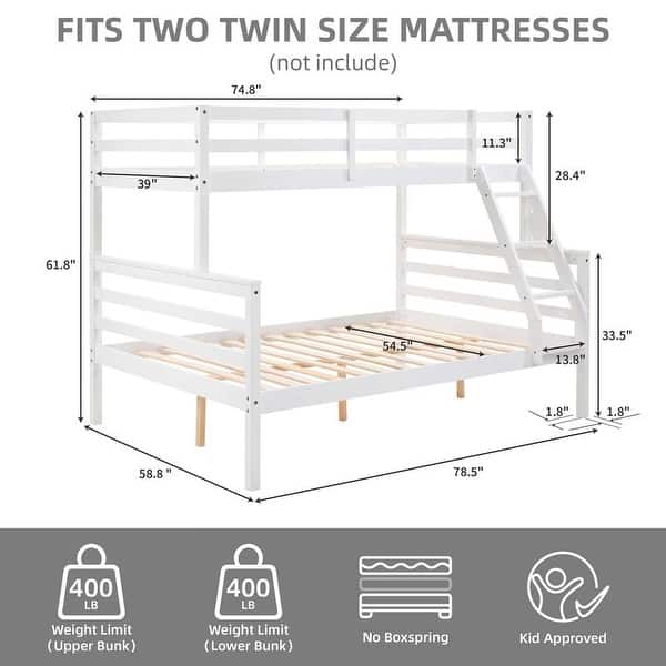 dimension image slide 0 of 2, Twin over Full Bunk Bed with Ladder,Wooden Bunk Bed with High Guardrail and Ladder for Kids, Teens, Dorm Rooms, and Guest Rooms