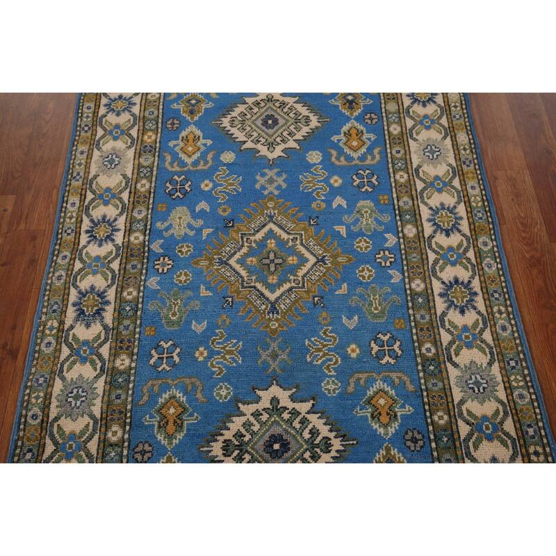 Blue Geometric Kazak Rug Handmade Oriental Wool Carpet - 3'4" x 5'0"