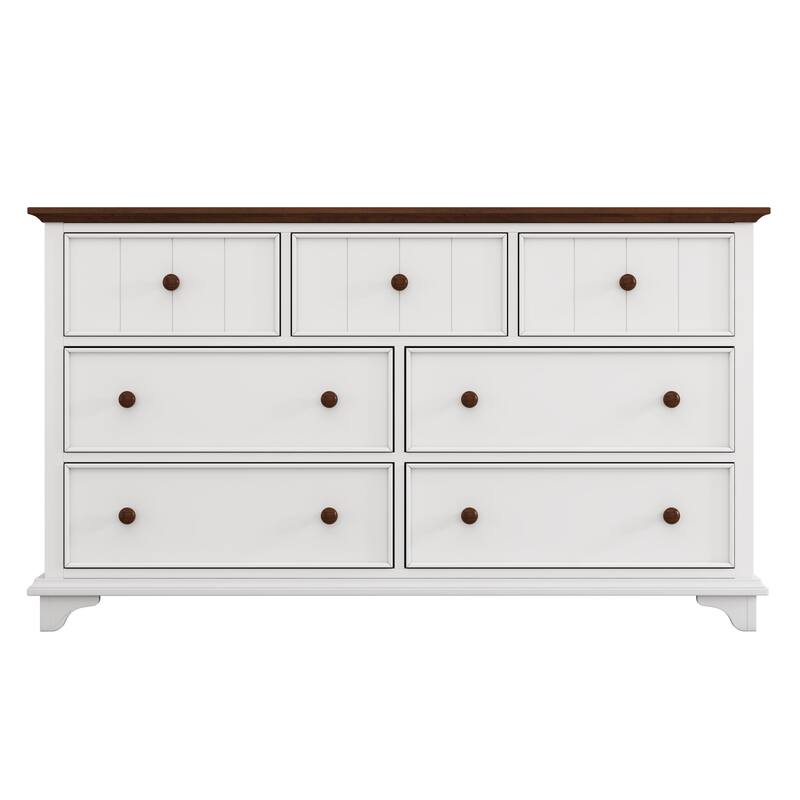 Roomfitters Wooden Captain Seven-Drawer Dresser, Stylish Storage for Bedroom, Living Room, Kids' Room, White and Walnut