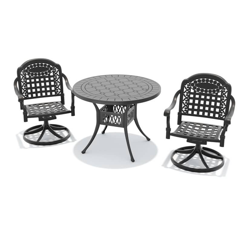 3-Piece Aluminum Round Outdoor Patio Dining Set, 2 Cushioned Swivel Chairs, Table, All-Weather Frames