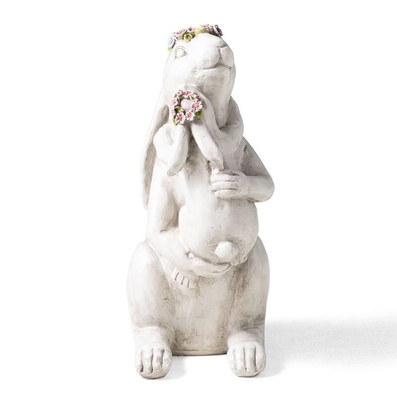 Glitzhome MGO Cute Sitting Bunny Hugging Mom and Baby Rabbit Garden Statue Indoor Outdoor Decoration