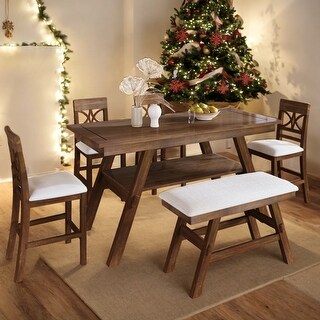6-Piece Wood Counter Height Dining Table Set with Storage Shelf - Bed ...