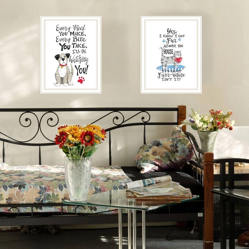 2-Piece Framed Wall Art Set - Humorous "It's Called Furr-niture, Isn't It?", White Frame