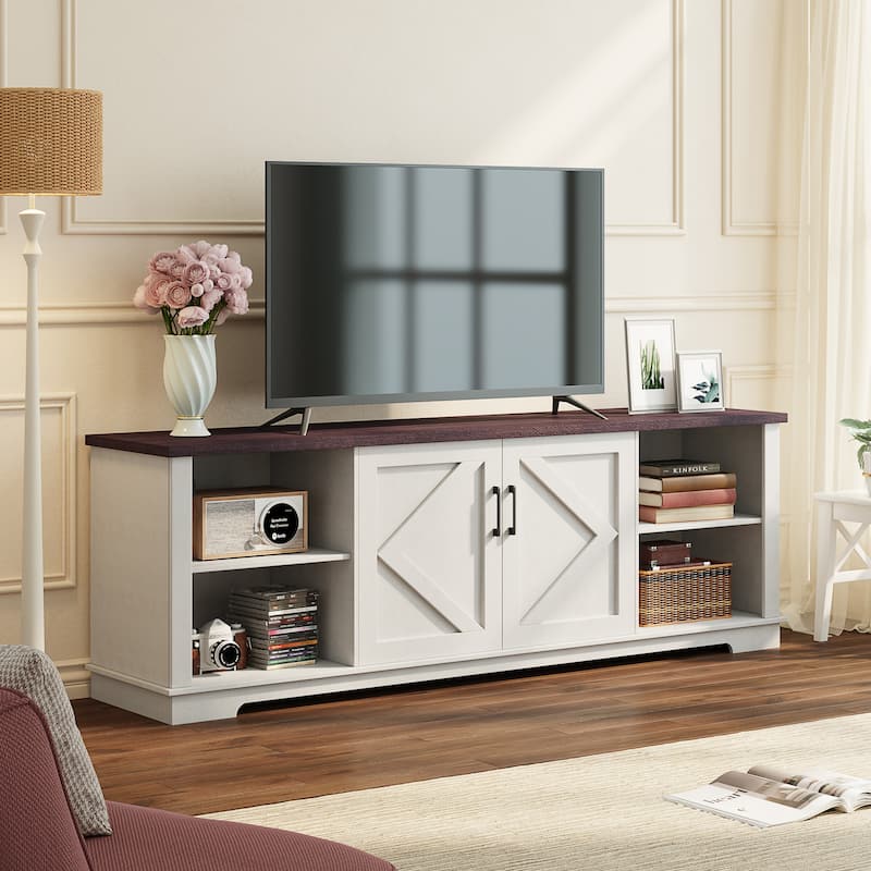 EROMMY Solid Wood TV Stand, Modern Entertainment Center with Glass Doors & Adjustable Shelves.
