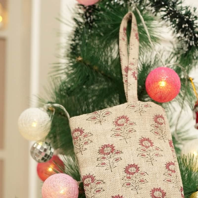 Fabdivine Hand Block Floral Print Christmas Knit Stockings, Home Decorative Gift Use - 16"X6.5"