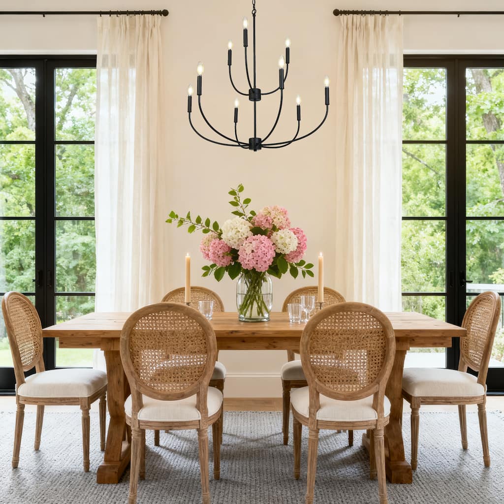 Oriea Modern Farmhouse 9-Light Black Chandelier Classic Candle Lights for Living Dining Room - D 32.3" x H 34"