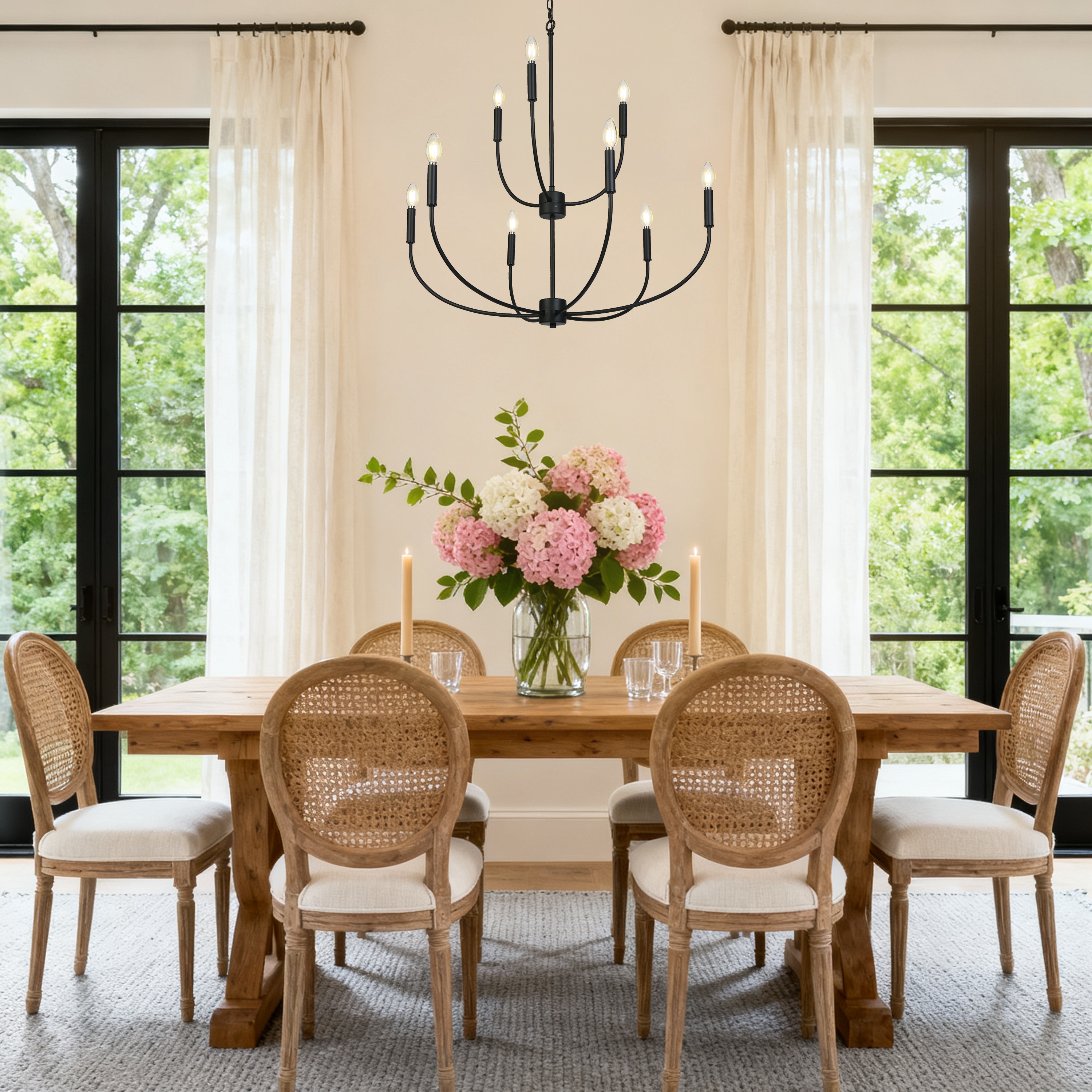 LALUZ Modern Farmhouse 9-Light Black Classic Chandelier for Living Dining Room - D 32.3" x H 34"