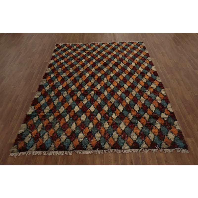 Hand Knotted Oriental 100% Wool Carpet Modern All-Over Multi-Colored Moroccan Area Rug - 9' 7'' X 6' 8''