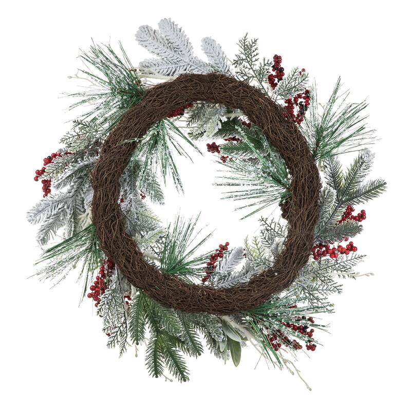 Glitzhome Artificial Christmas Flocked Pinecone Berry Teardrop Wreath Centerpiece