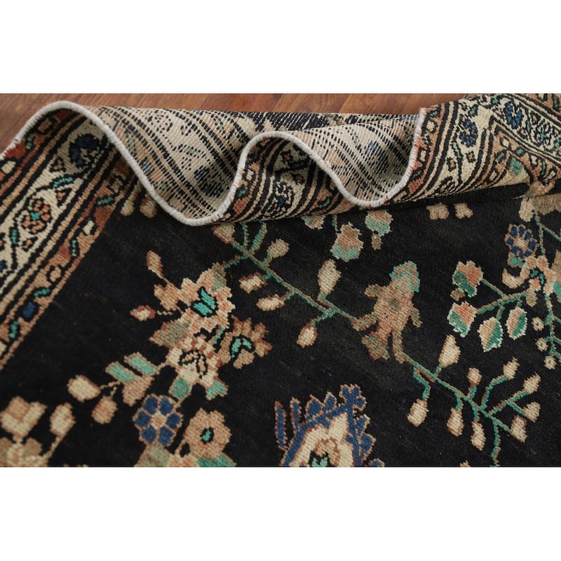 Dark Blue Hamedan Vintage Persian Runner Rug Hand-Knotted Wool Carpet - 3'7" x 10'1"