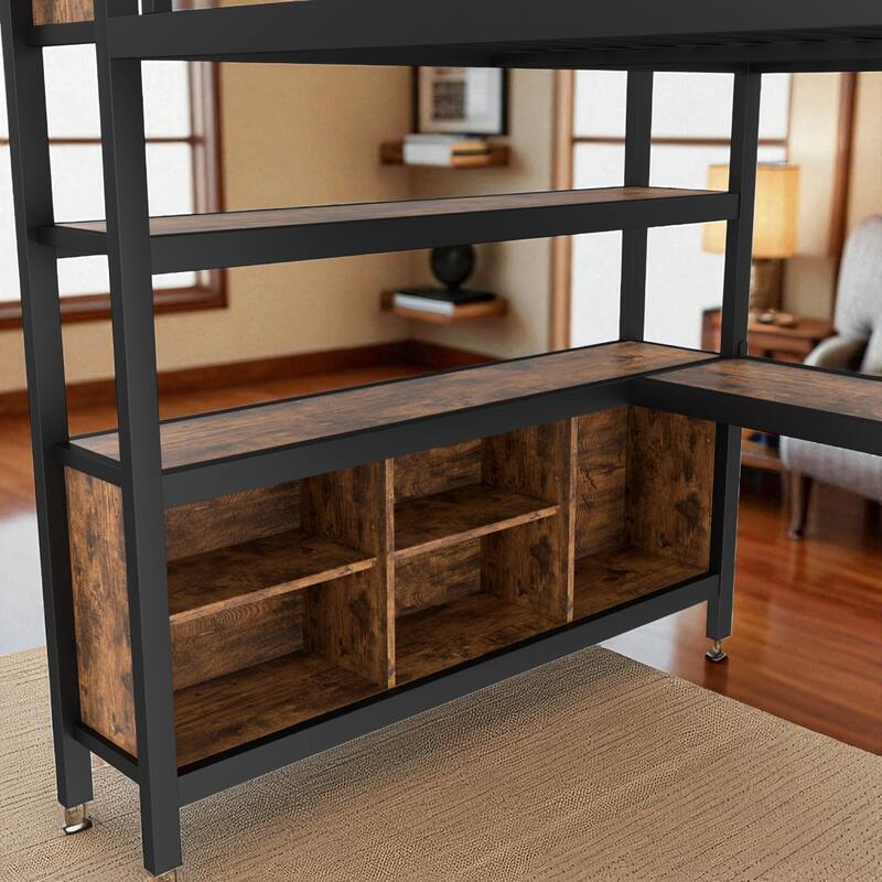 Queen Metal Loft Bed with L-Shaped Desk, Wardrobe, Shelves, Heavy-Duty Frame for Teens Adults