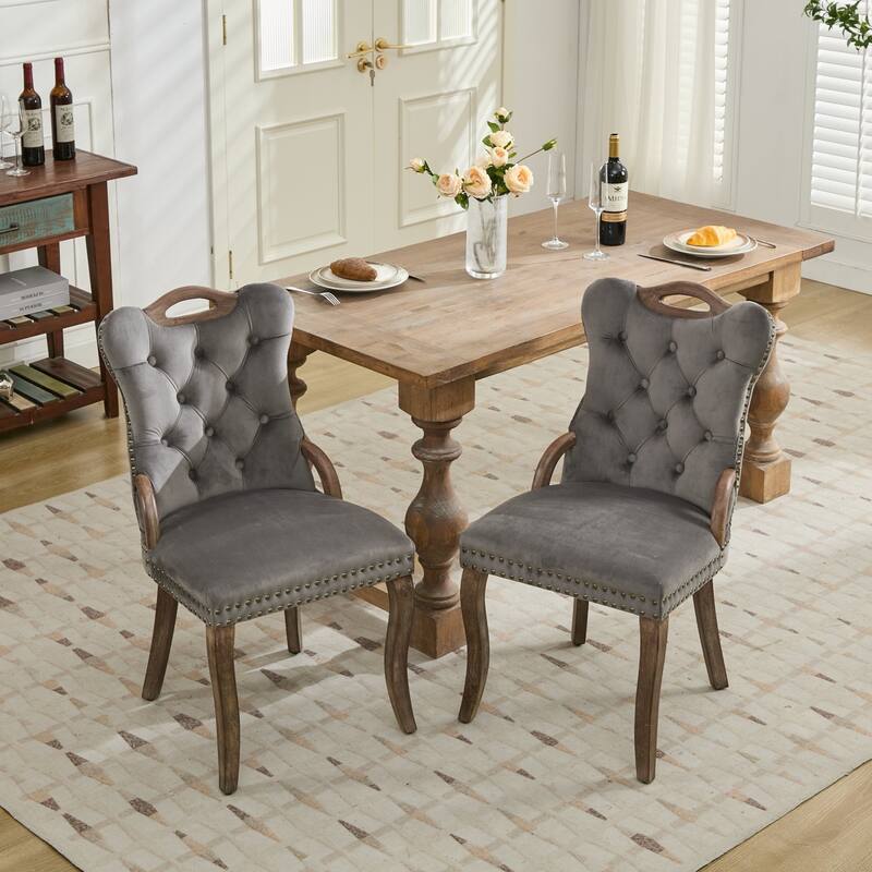 Velvet Dining Chair with Tufted Trim and Wood Legs (Set of 2)