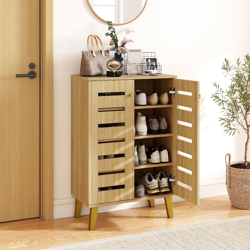 Costway 4-Tier Wooden Shoe Storage Cabinet with Doors Removable - Natural - See Details