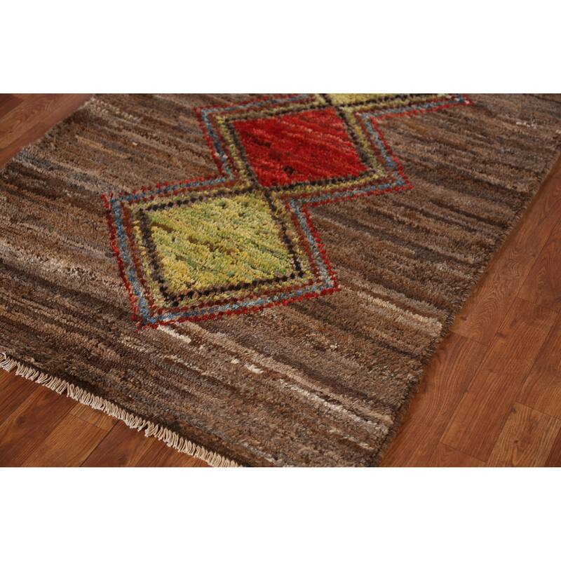 Geometric Moroccan Oriental Runner Rug Hand-Knotted Wool Carpet - 3'6" x 12'6"