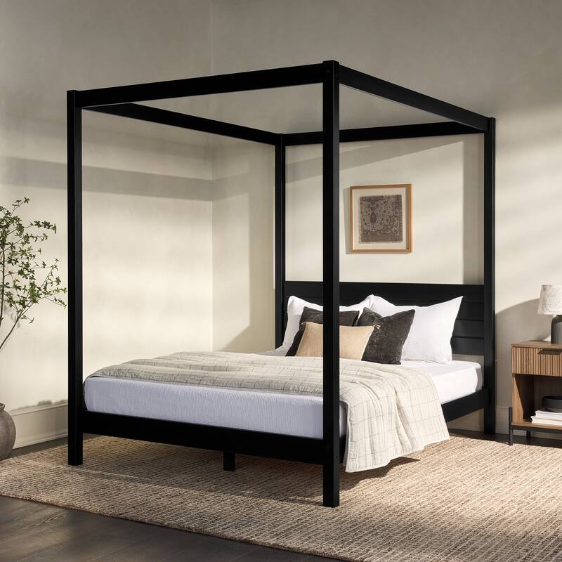 Modern Minimalist Boho Queen Canopy Bedframe in Black with Solid Pine Wood Construction