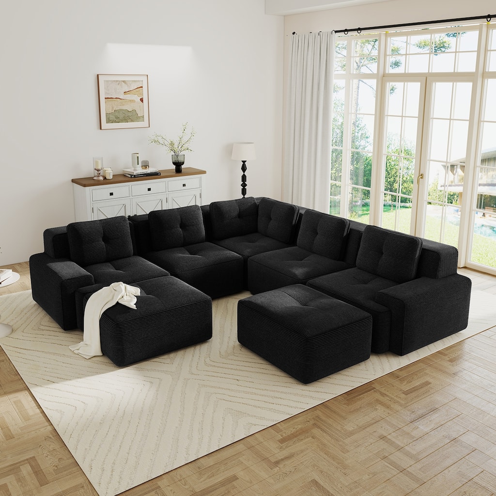 GDFStudio - 5-Seater 116.1" Corner Corduroy Modular Sectional Sofa with 2 Movable Ottomans & Ergonomic Deep Seat