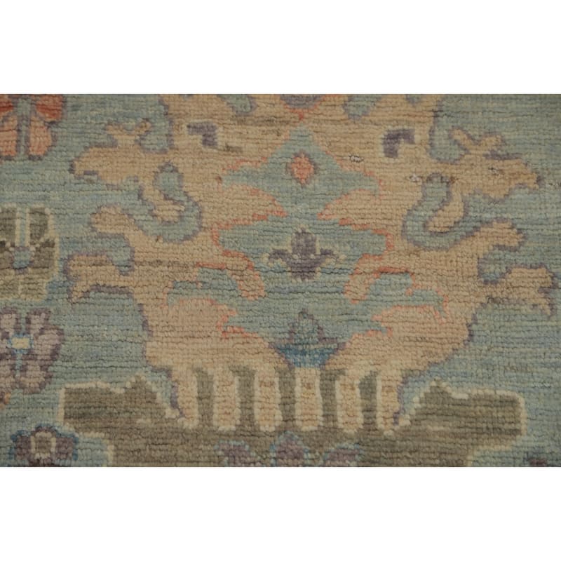 Light Blue Floral Oushak Vegetable Dye Area Rug, Floral Geometric Carpet - 12' 5'' X 9' 4''