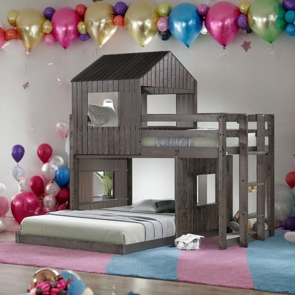 slide 2 of 12, Wooden Twin Over Full Bunk Bed Loft Bed With Playhouse,Ladder and Guardrails Antique Grey