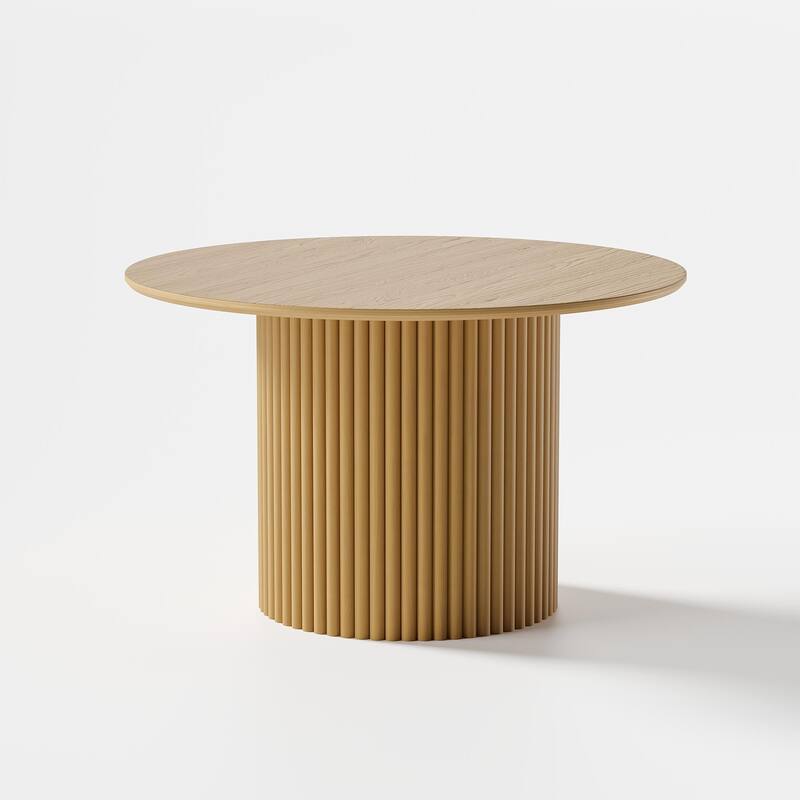 Modern Round Wooden Dining Table - 46" Diameter, Fluted Base, Natural Oak Finish for Dining Room