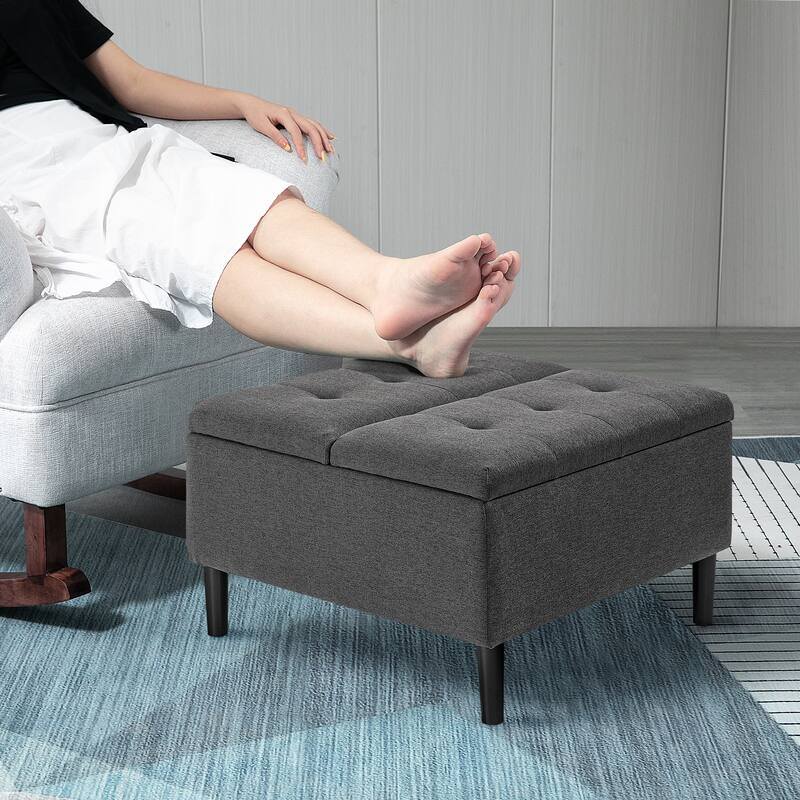 HOMCOM 30" Square Storage Ottoman, Upholstered Ottoman Coffee Table with Lift Top, Button Tufted and Wood Legs, Dark Grey - Grey